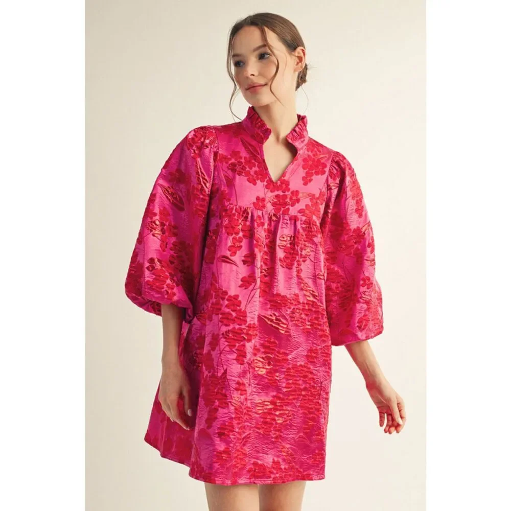 236. Pink and Red Floral Metallic Jacquard Dress With Pockets - Picture 1 of 1
